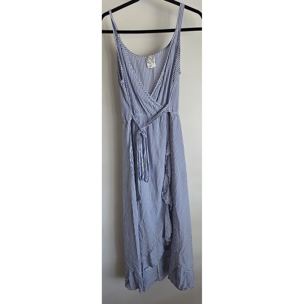 Naïf Midi Wrap Dress Women L Blue White Striped Sleeveless V-Neck Sundress Gown